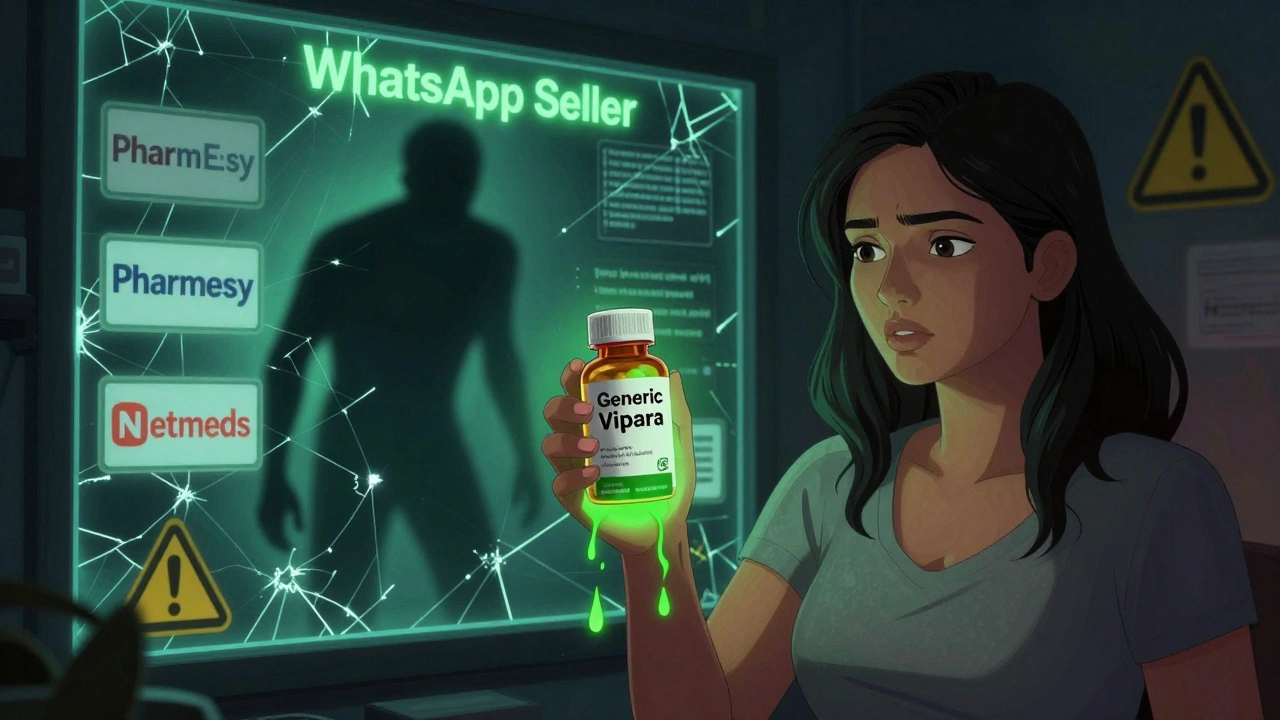 A woman holding fake pills that glow with toxic substance, while a shadowy seller disappears into digital chaos.