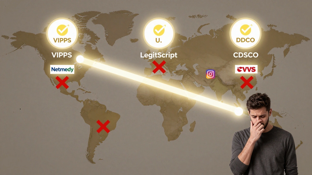 A world map showing verified pharmacy seals and red warnings over social media drug sellers.