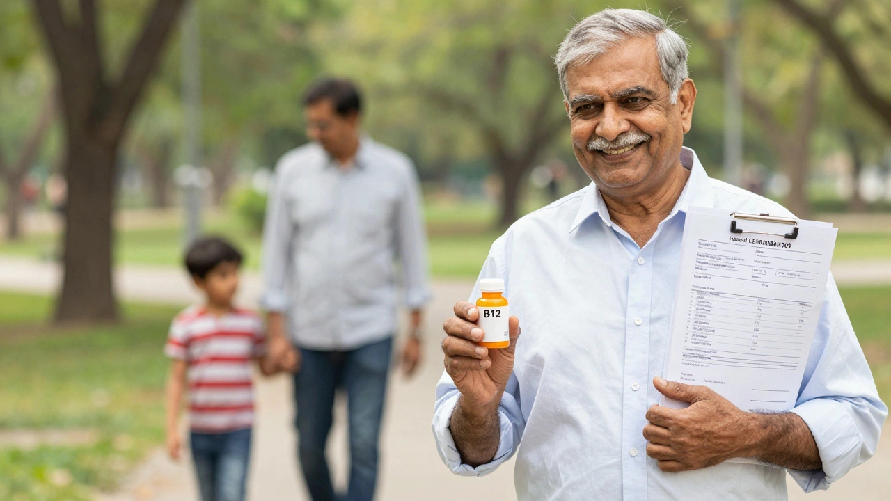 An elderly man holding B12 supplements, smiling after nerve symptoms improved.