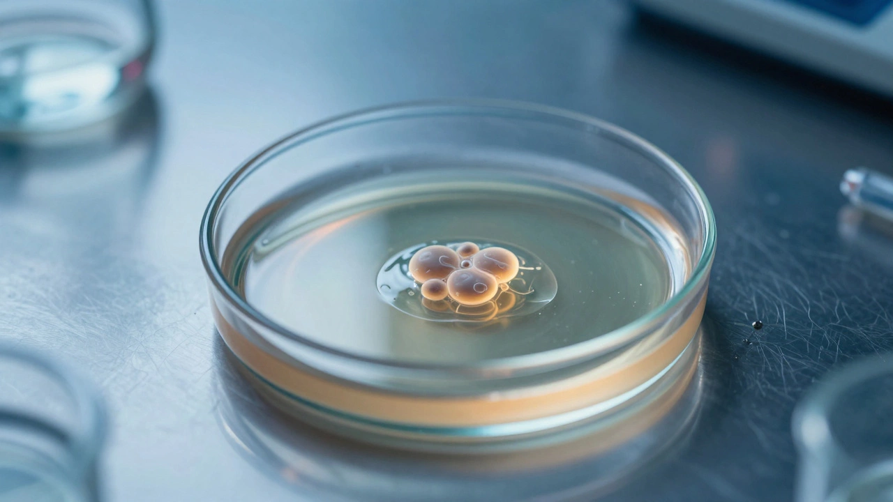 Close up of a human embryo inside a glass petri dish under a microscope
