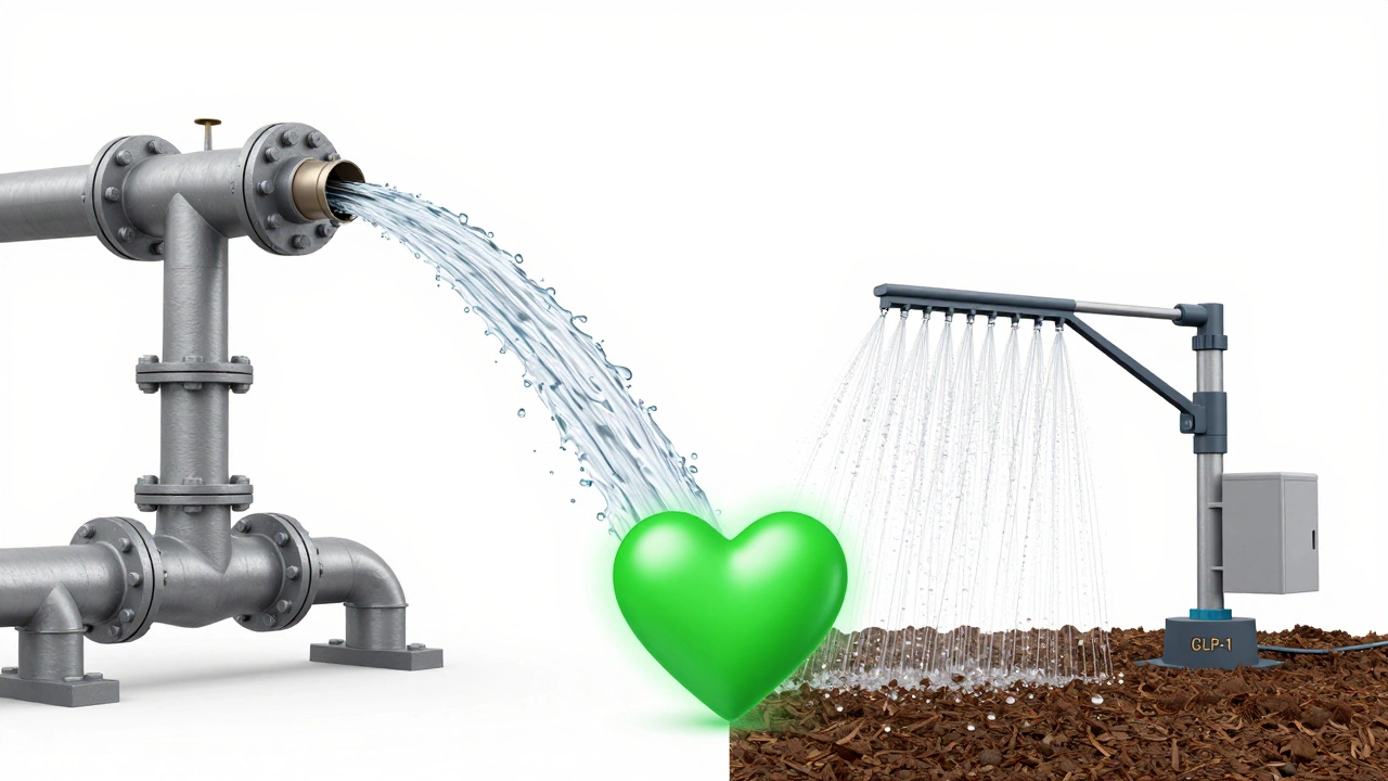 Digital render comparing water stream to sprinkler system graphics.