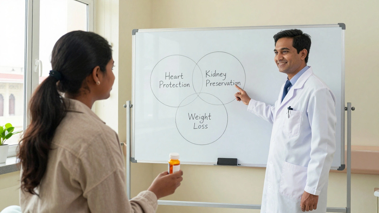 Doctor explaining diabetes treatment options to a patient in an Indian clinic with whiteboard diagram.