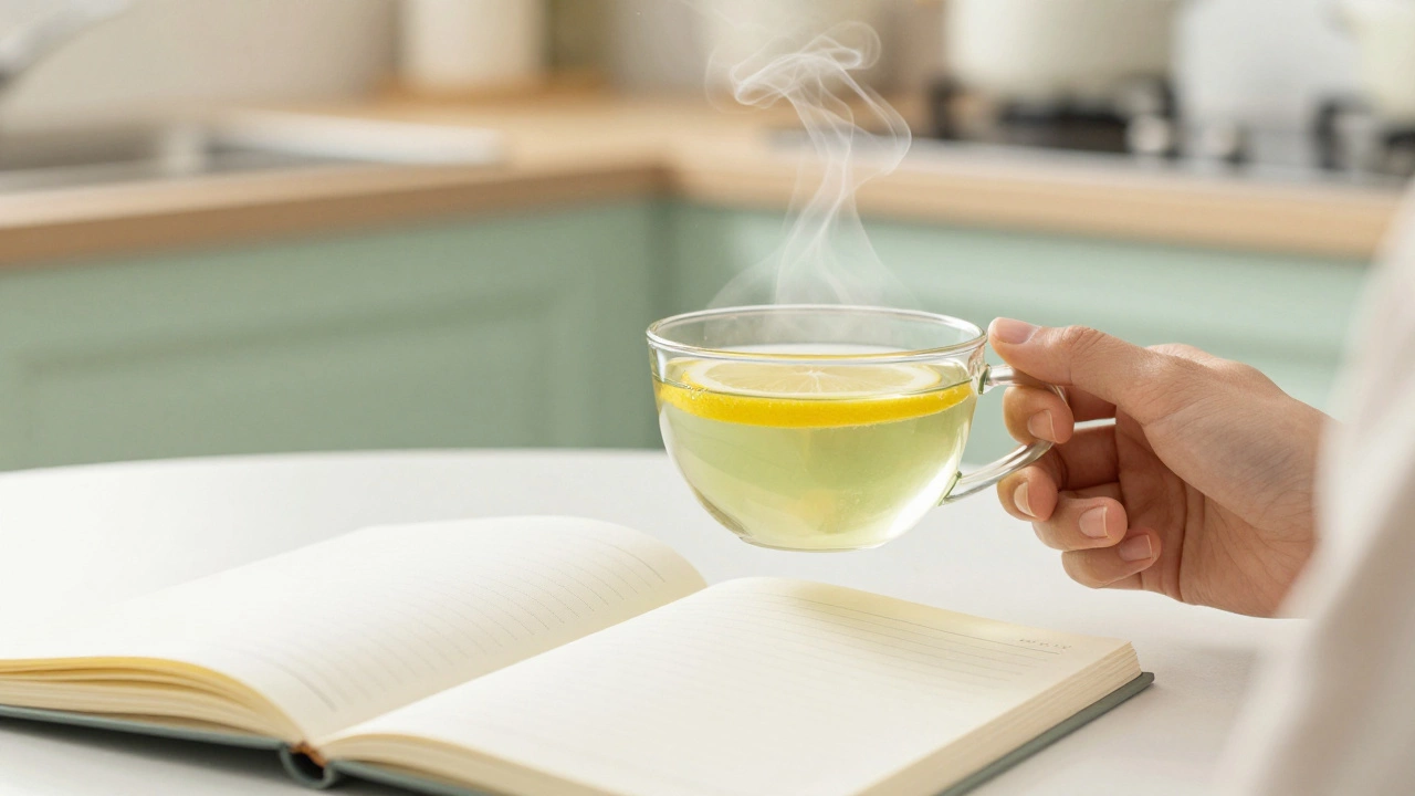 Hand holding steaming green tea cup with blank notebook nearby on a table.
