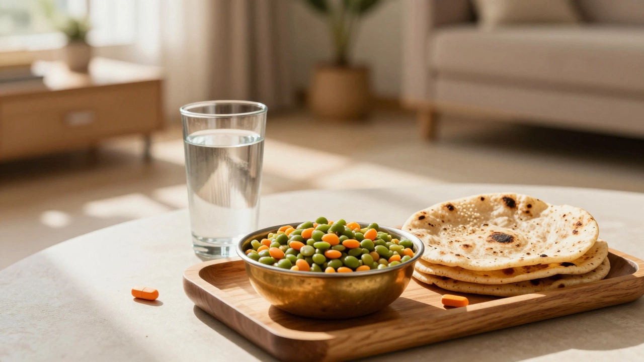 Lentil soup and roti meal on wooden tray with pill cap.