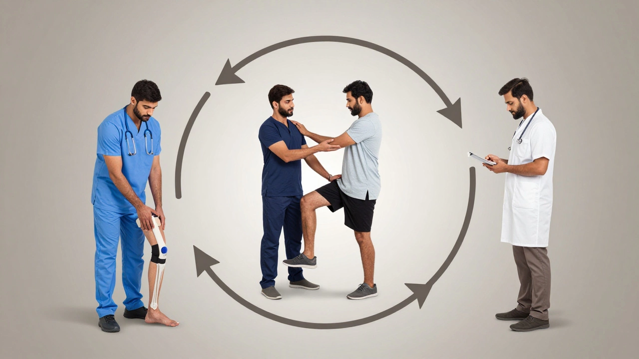 Multidisciplinary team supporting joint pain recovery: surgeon, therapist, and pain specialist.