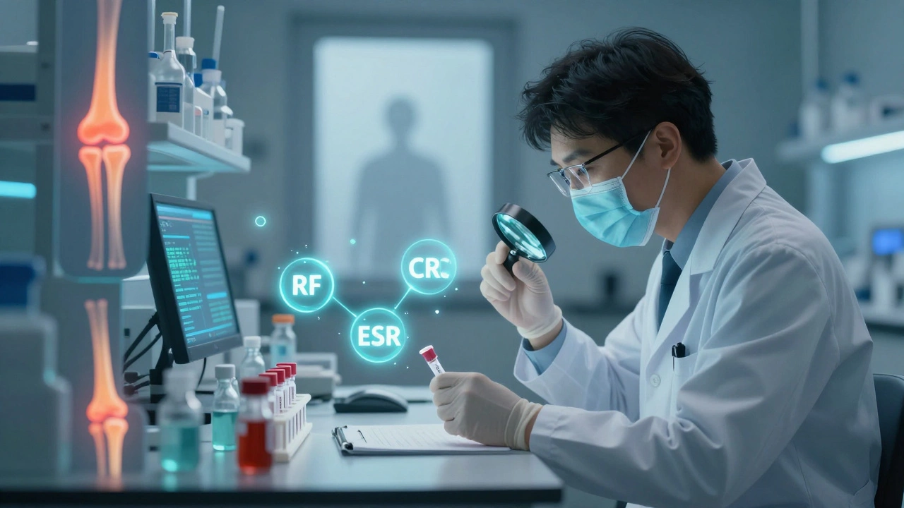 Rheumatologist analyzing blood tests for autoimmune joint inflammation.