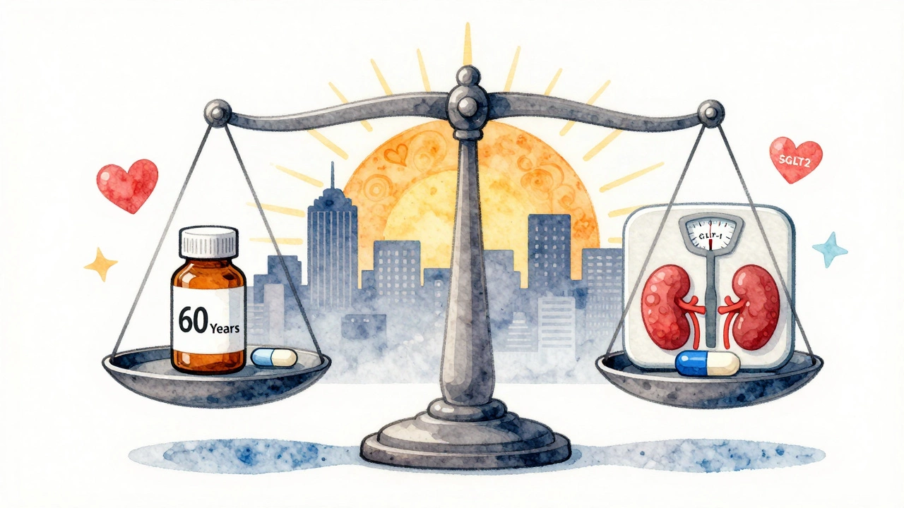 Scale comparing metformin with newer diabetes drugs, featuring heart, kidney, and weight icons.