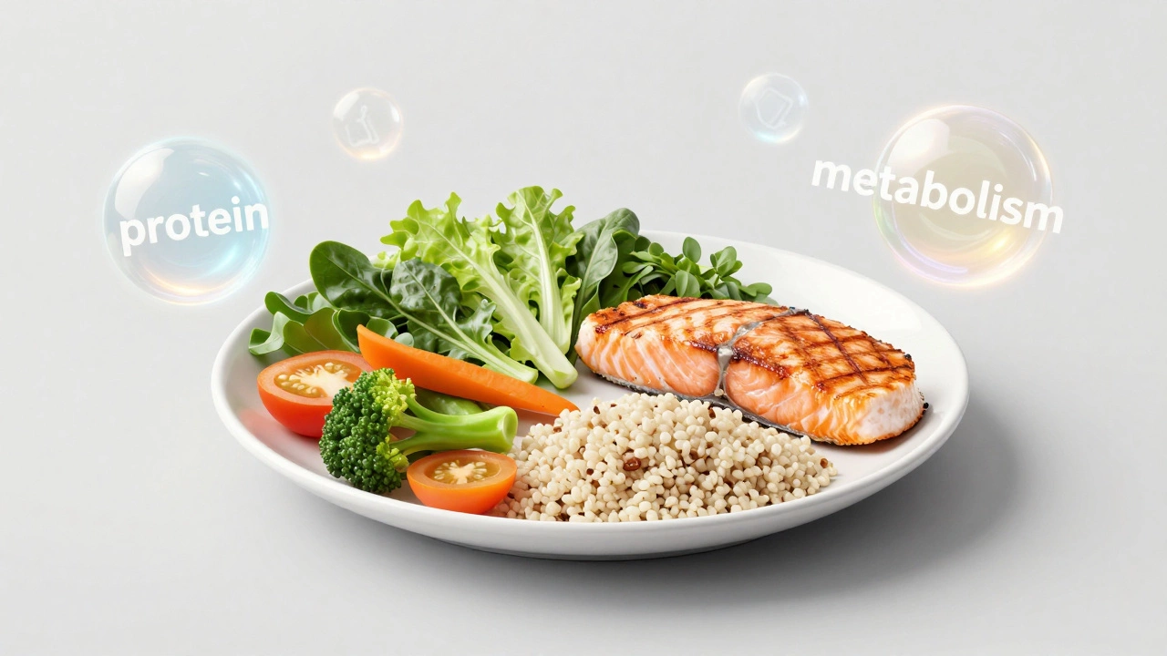 A balanced meal plate divided into vegetables, protein, and complex carbohydrates