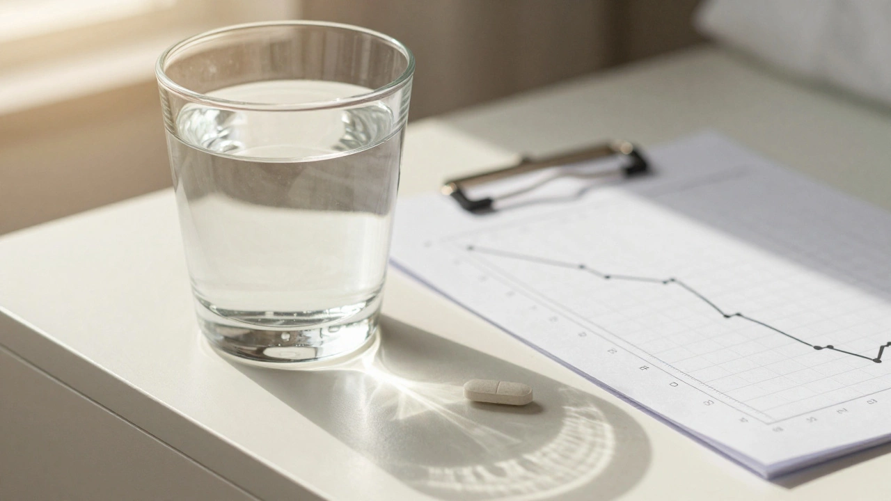 A glass of water and a medication tablet on a sunlit bedside table