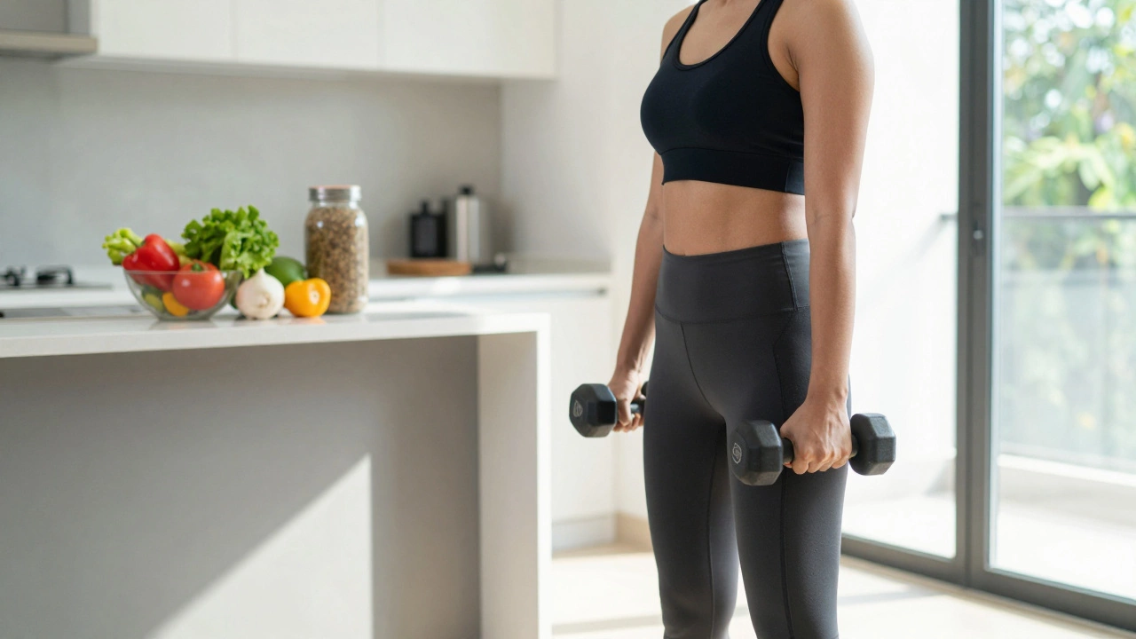 A person exercising with dumbbells in a sunny home gym with healthy food in the background.