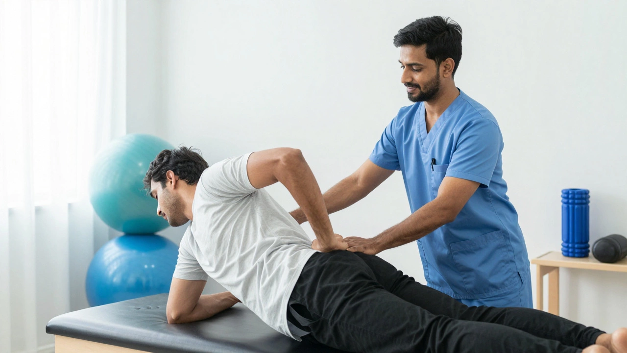 A physical therapist helping a patient with back exercises in a clinic