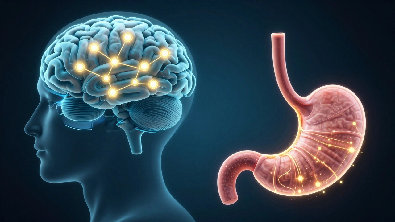 Conceptual 3D visualization of appetite suppression and slowed digestion in the body