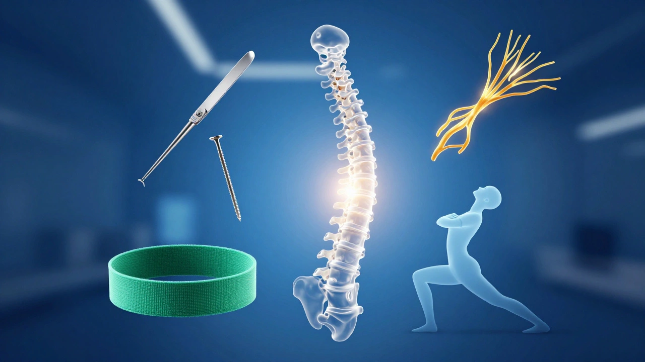 Conceptual illustration of a human spine surrounded by medical symbols