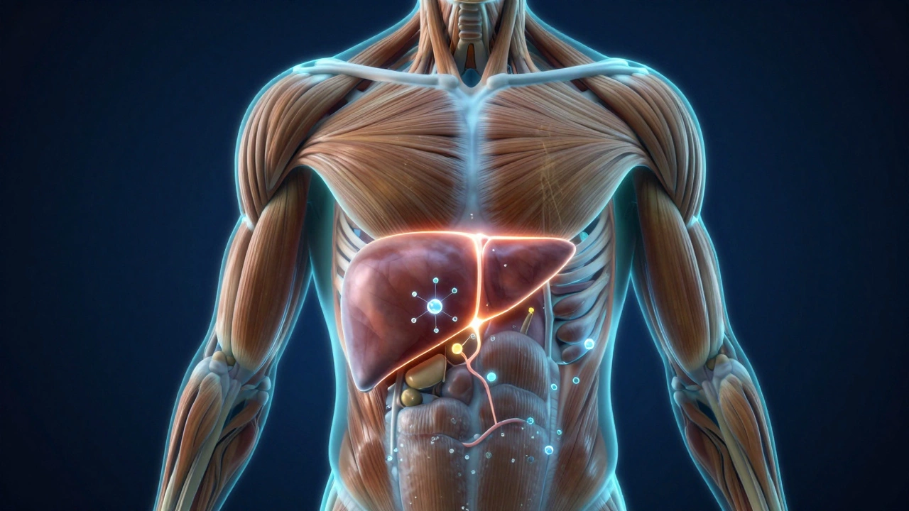Medical illustration of glucose absorption in the liver and muscles