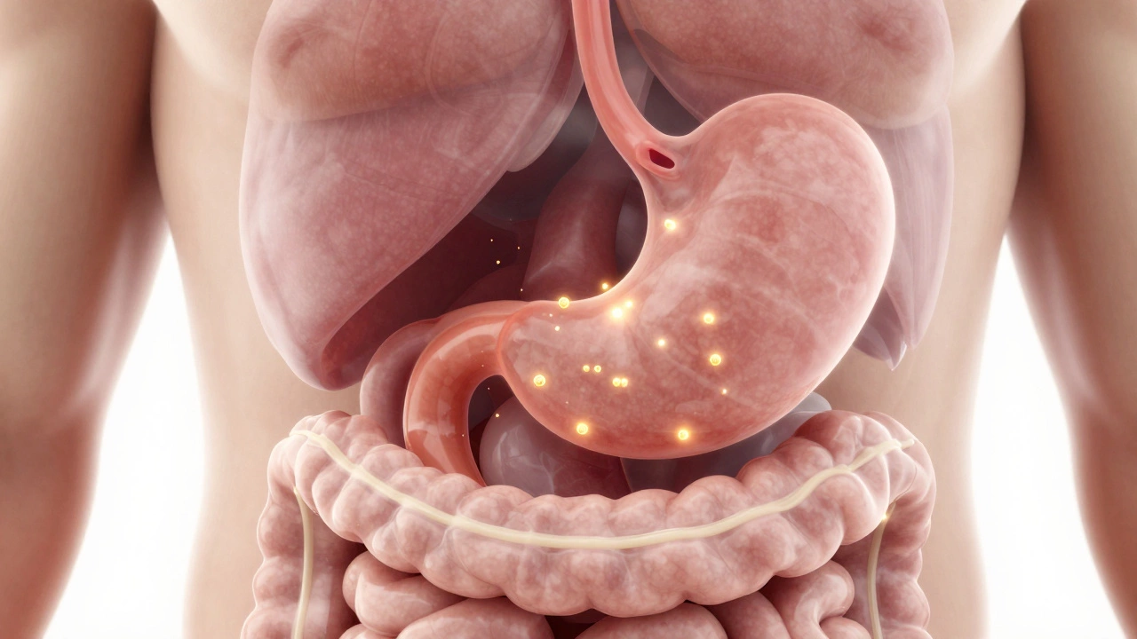 Medical visualization of GLP-1 hormones interacting with the stomach to create a feeling of fullness.