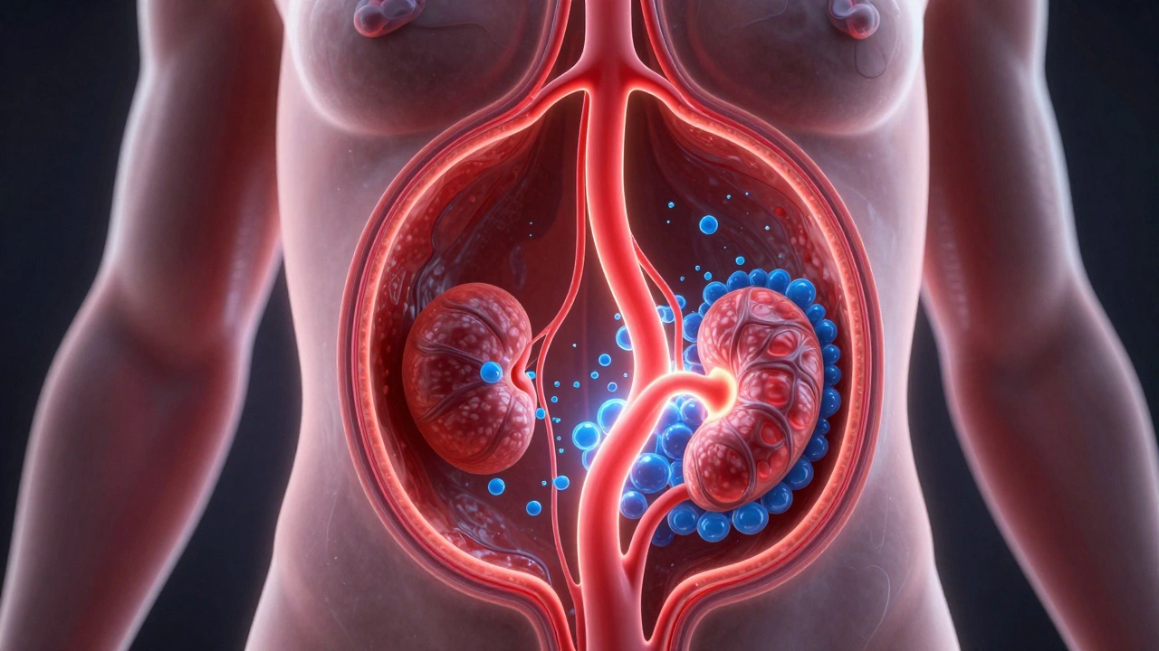 3D medical visualization of fluid leakage in OHSS affecting blood vessels