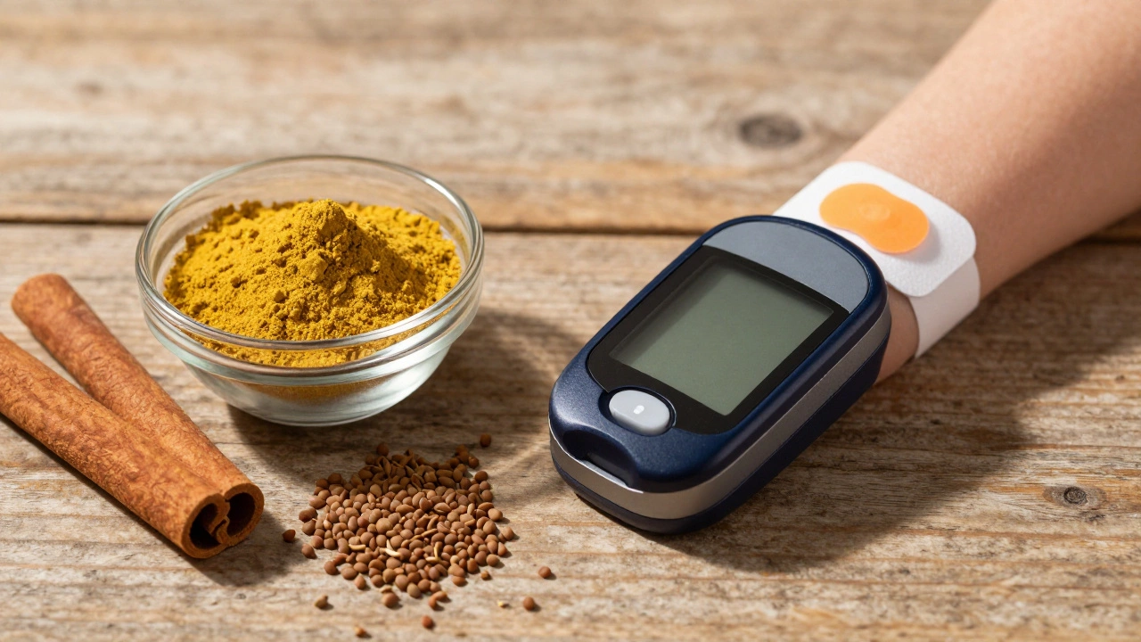 Berberine, cinnamon, and fenugreek seeds beside a glucose monitor sensor