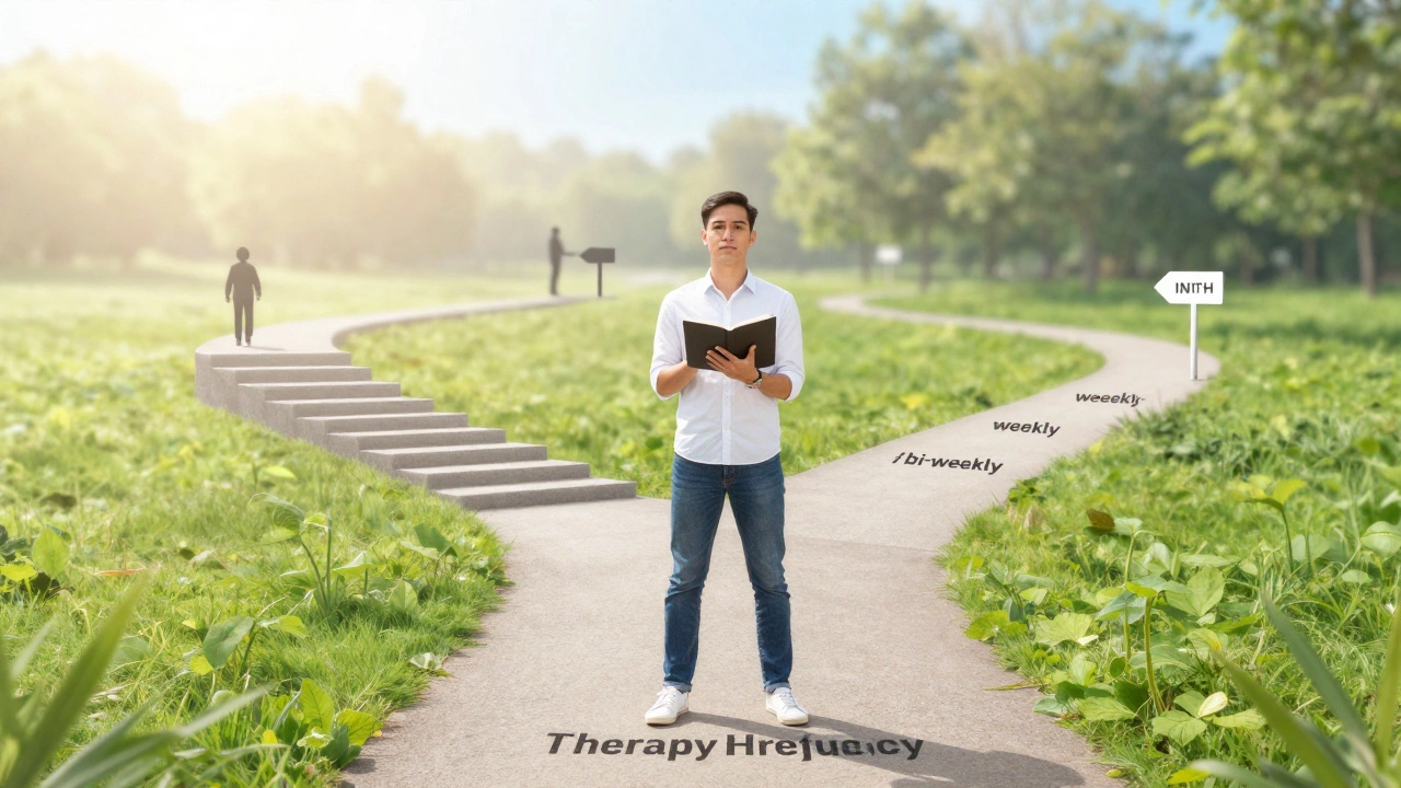 Confident person on branching paths symbolizing therapy frequency choices.