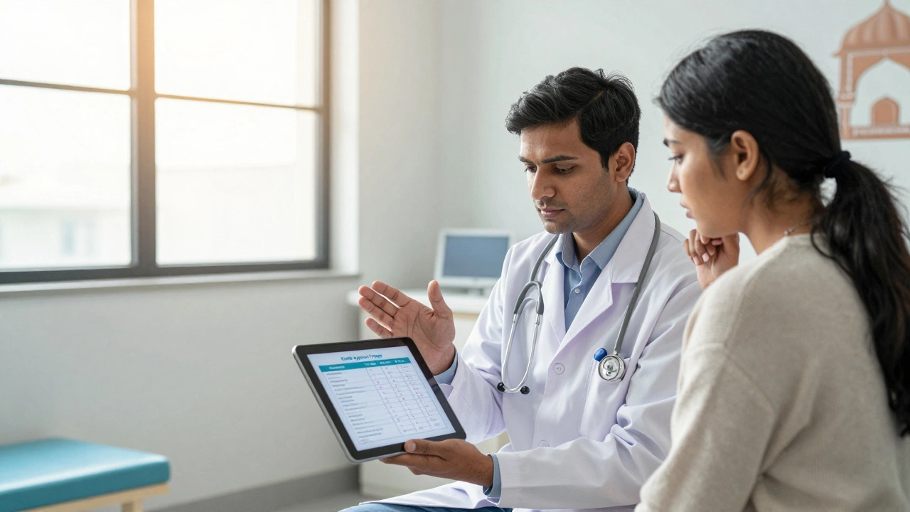 Doctor explaining IVF risk mitigation strategies to a couple in a clinic