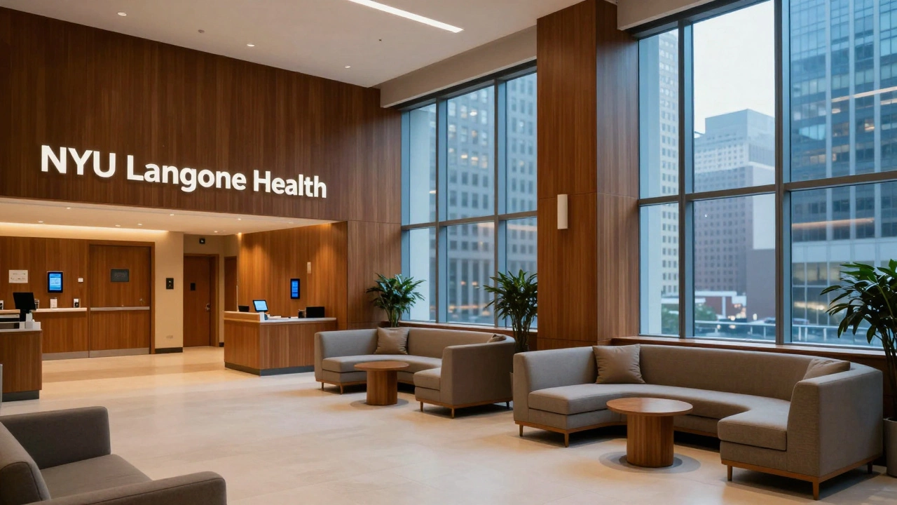 Elegant urban hospital lobby with warm wood tones and soundproofed windows offering a quiet sanctuary.