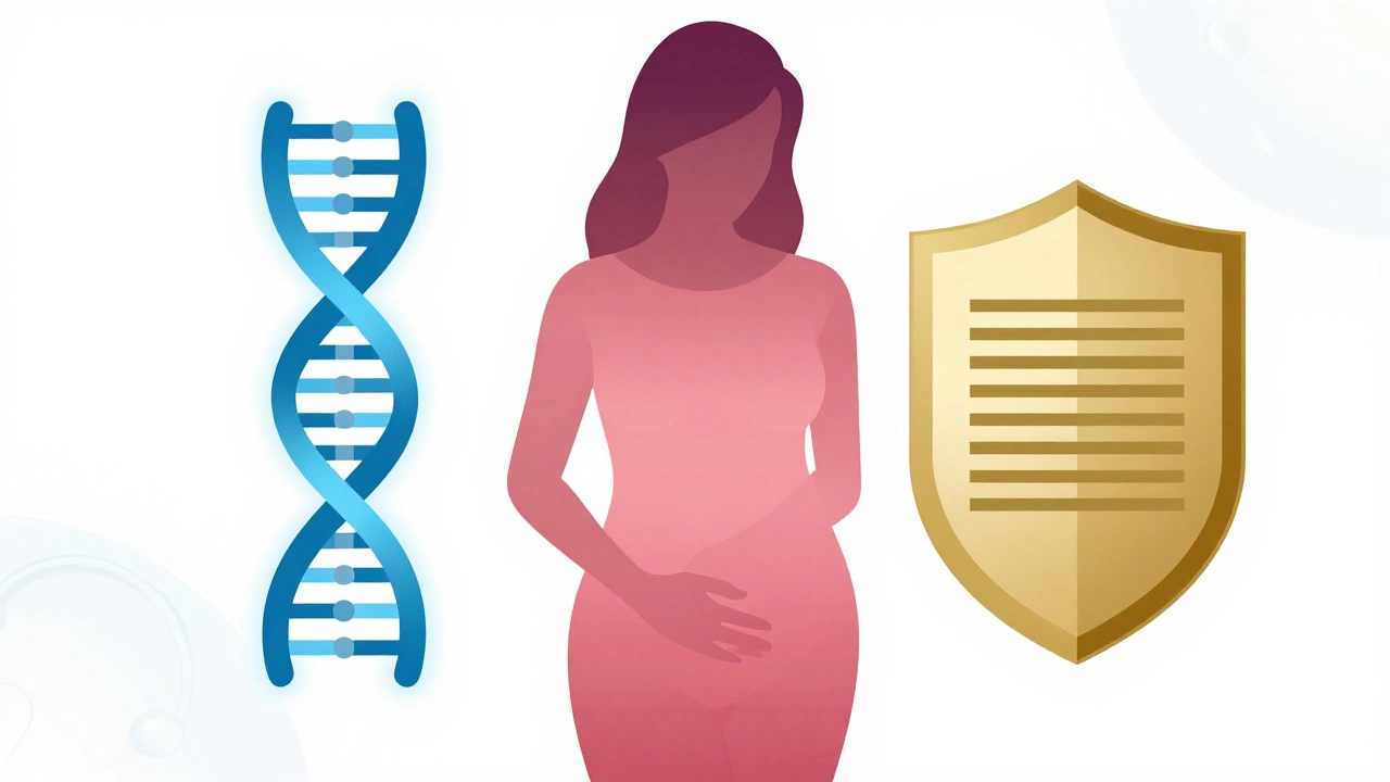Illustration showing DNA, womb, and legal document merging to define motherhood roles