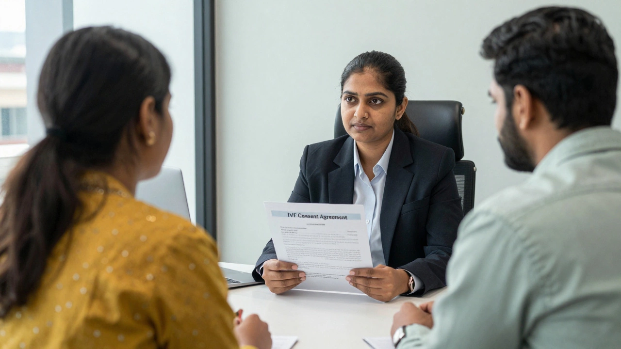 Indian lawyer reviewing IVF consent papers with a couple in a modern office