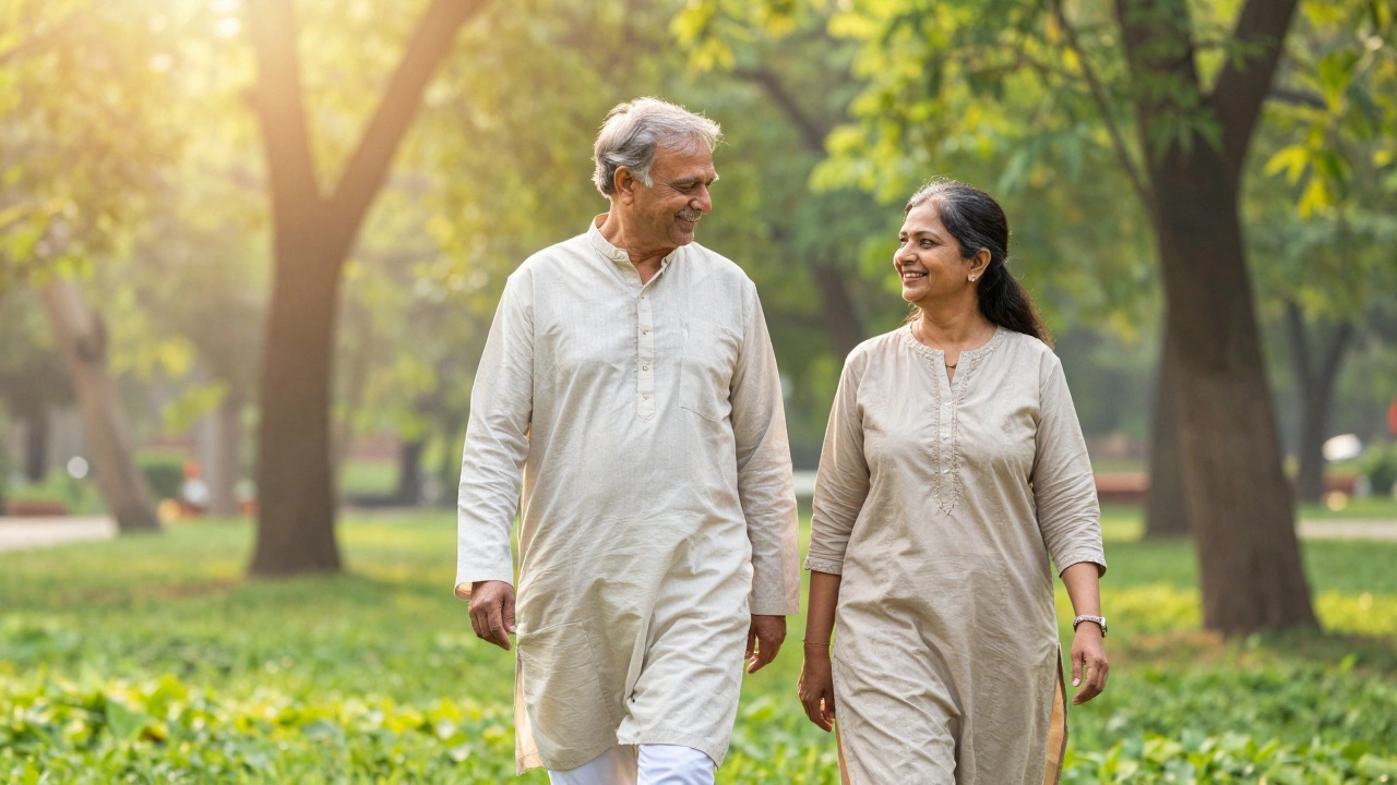 Indian seniors walking happily in a park after recovery