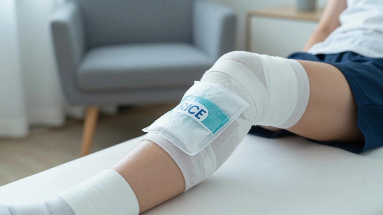 Leg elevated with ice pack and compression stocking to reduce knee swelling.