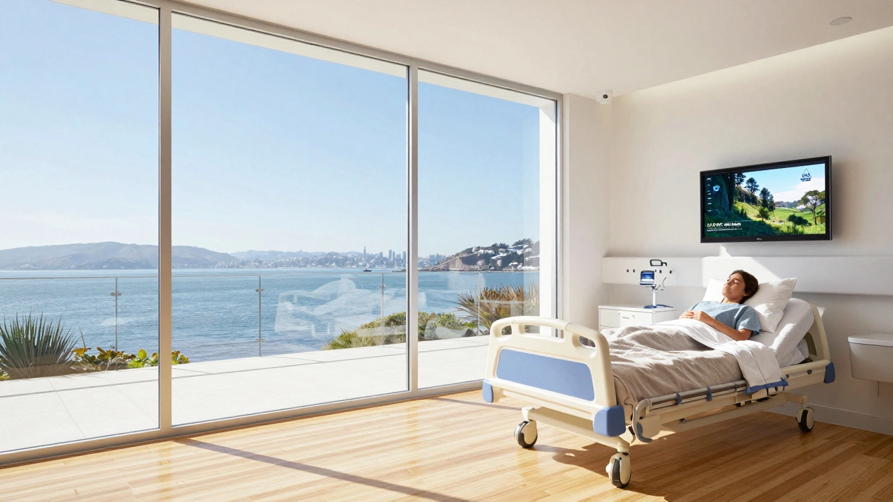 Modern hospital room with floor-to-ceiling windows overlooking a bay, filled with natural light.