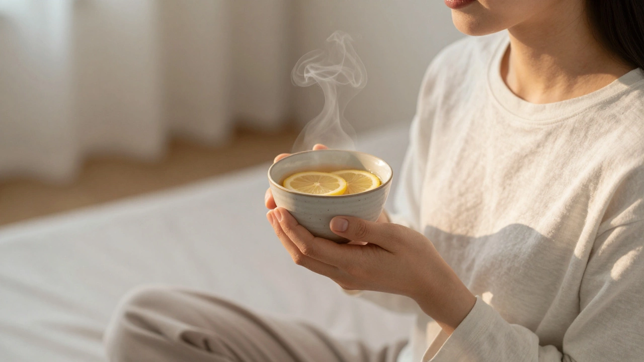 Person drinking warm herbal tea in a peaceful morning setting