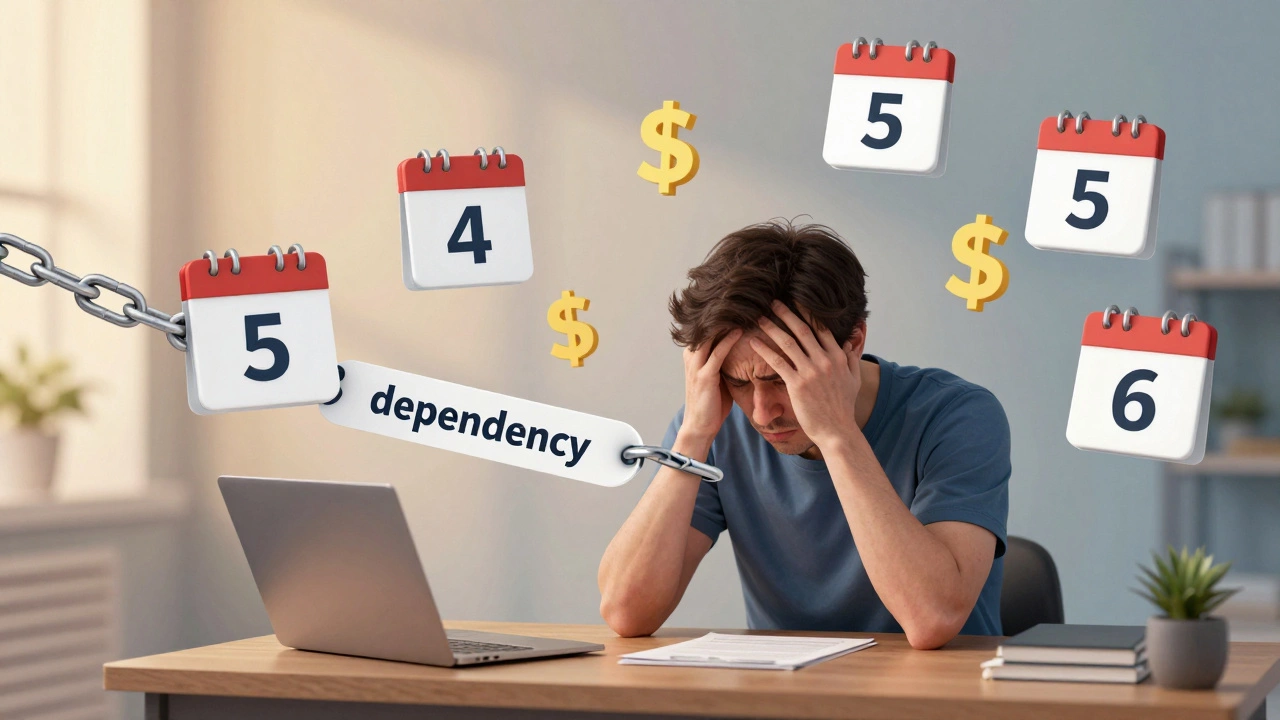 Person stressed by calendar and money symbols, loosening dependency chains.