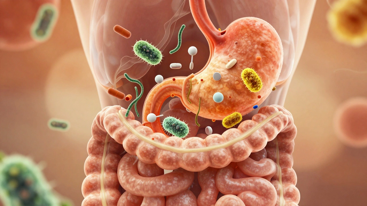 Stylized view of gut bacteria interacting with medication molecules