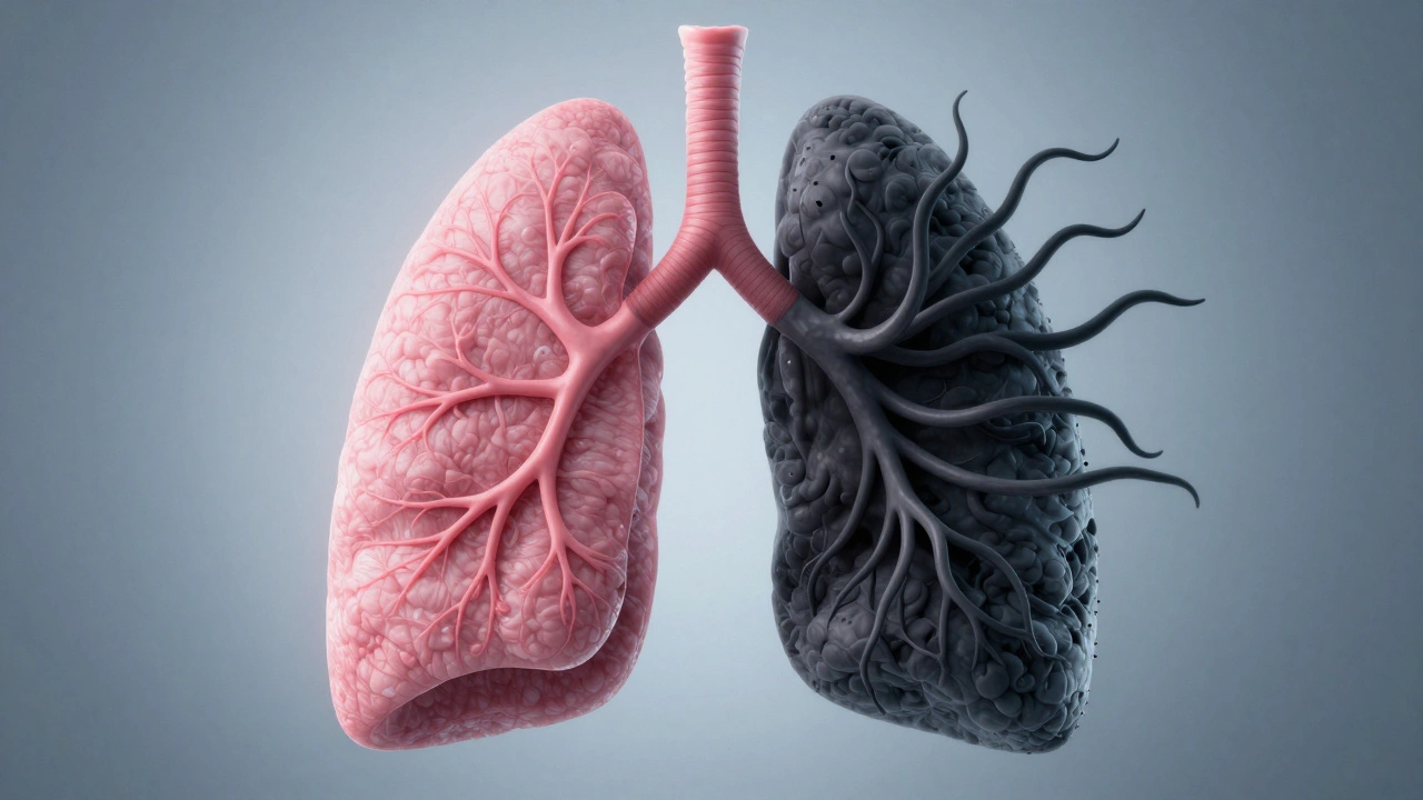 Conceptual art contrasting healthy lungs with dark shadows representing aggressive cancer spread.