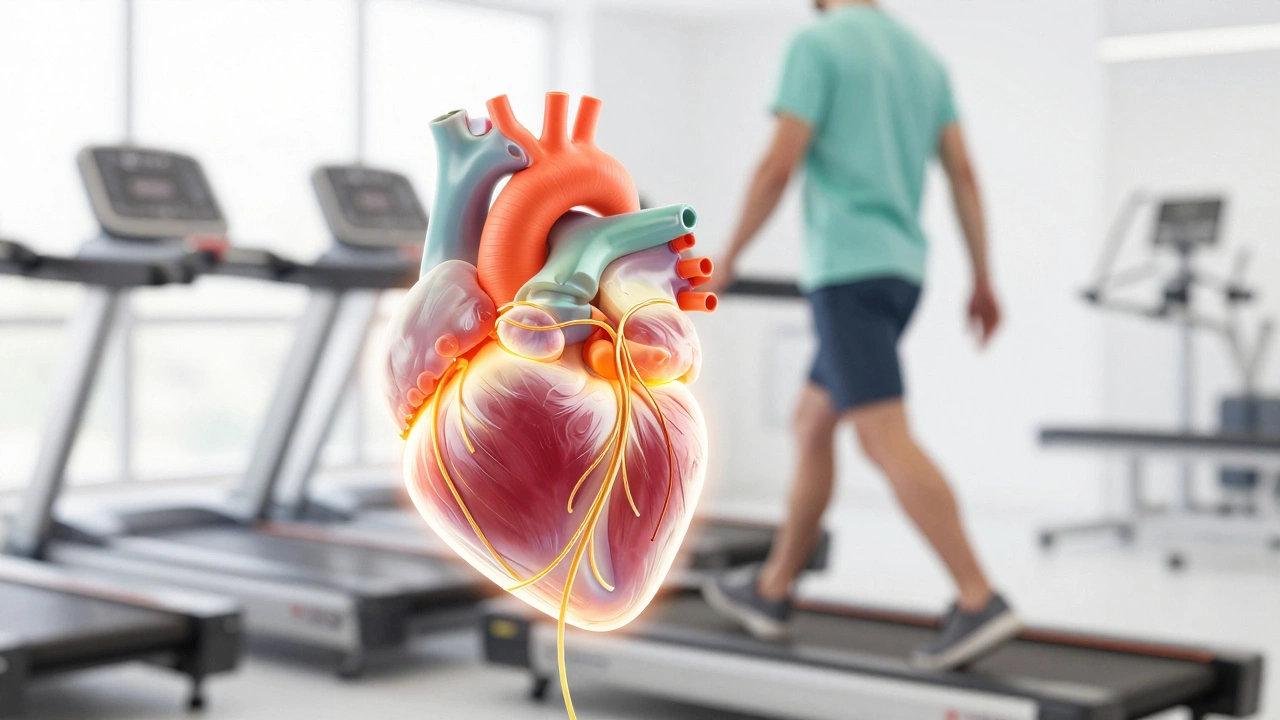 Conceptual art of a healing heart and ribcage with a patient exercising in rehab