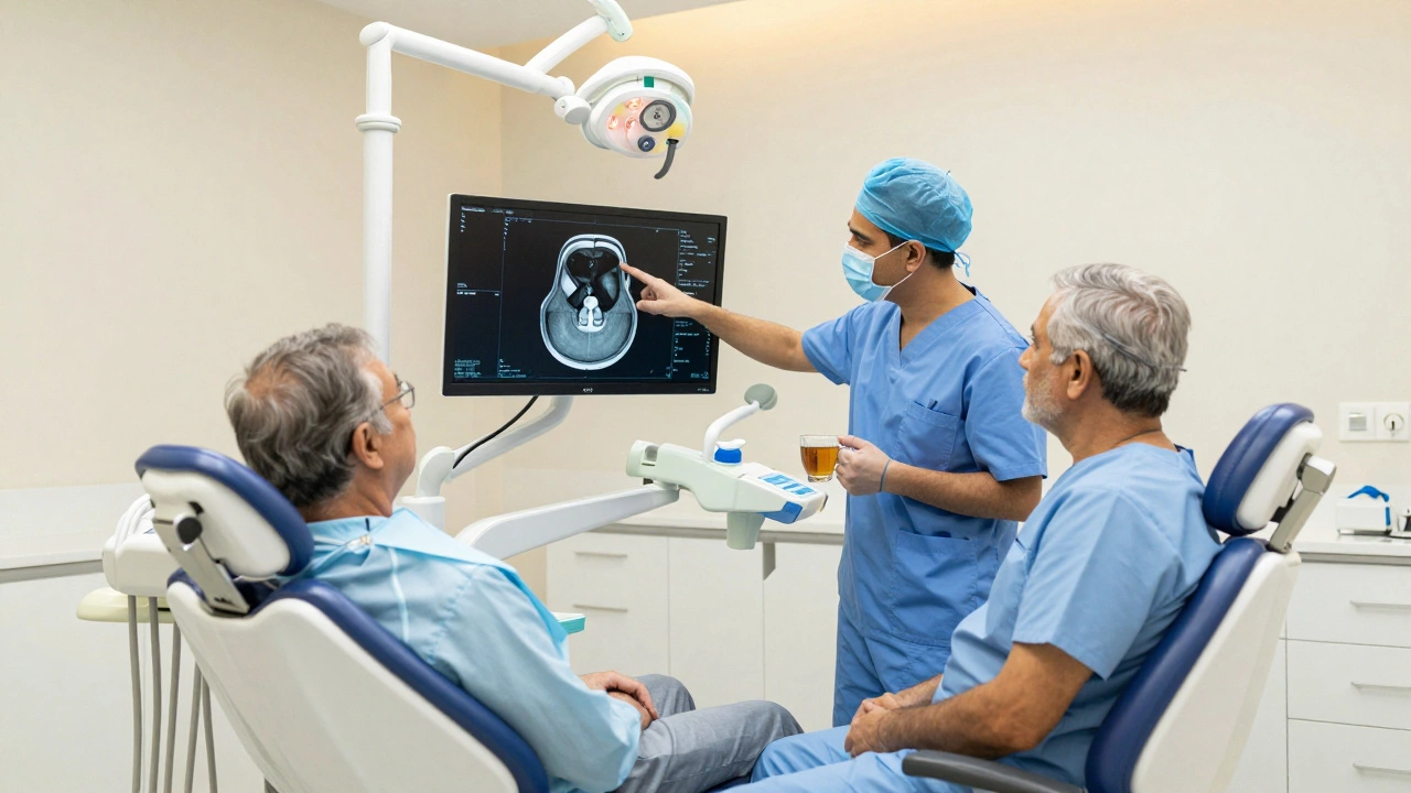 Dentist consulting with senior patient over 3D scan in modern clinic