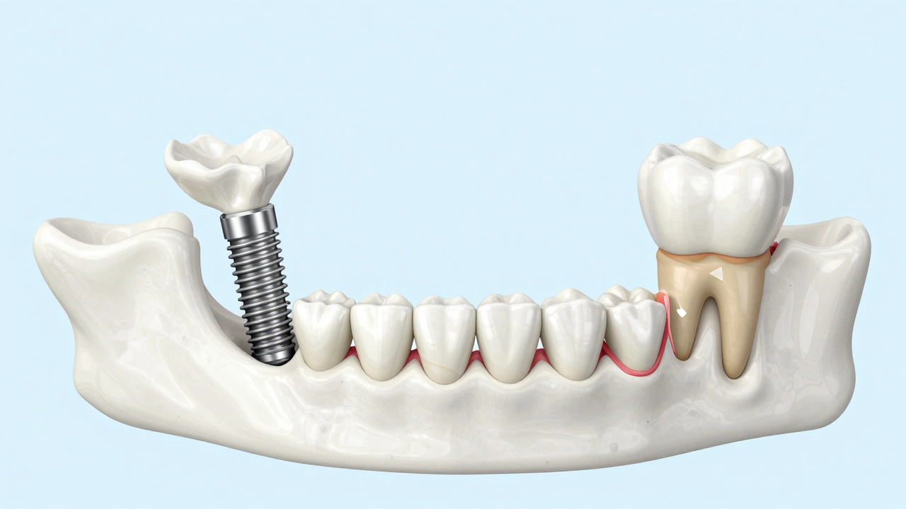 Diagram comparing healthy jaw with implant vs bone loss and grafting