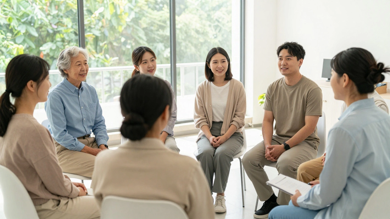 Diverse group of people in a bright therapy room engaging in supportive conversation