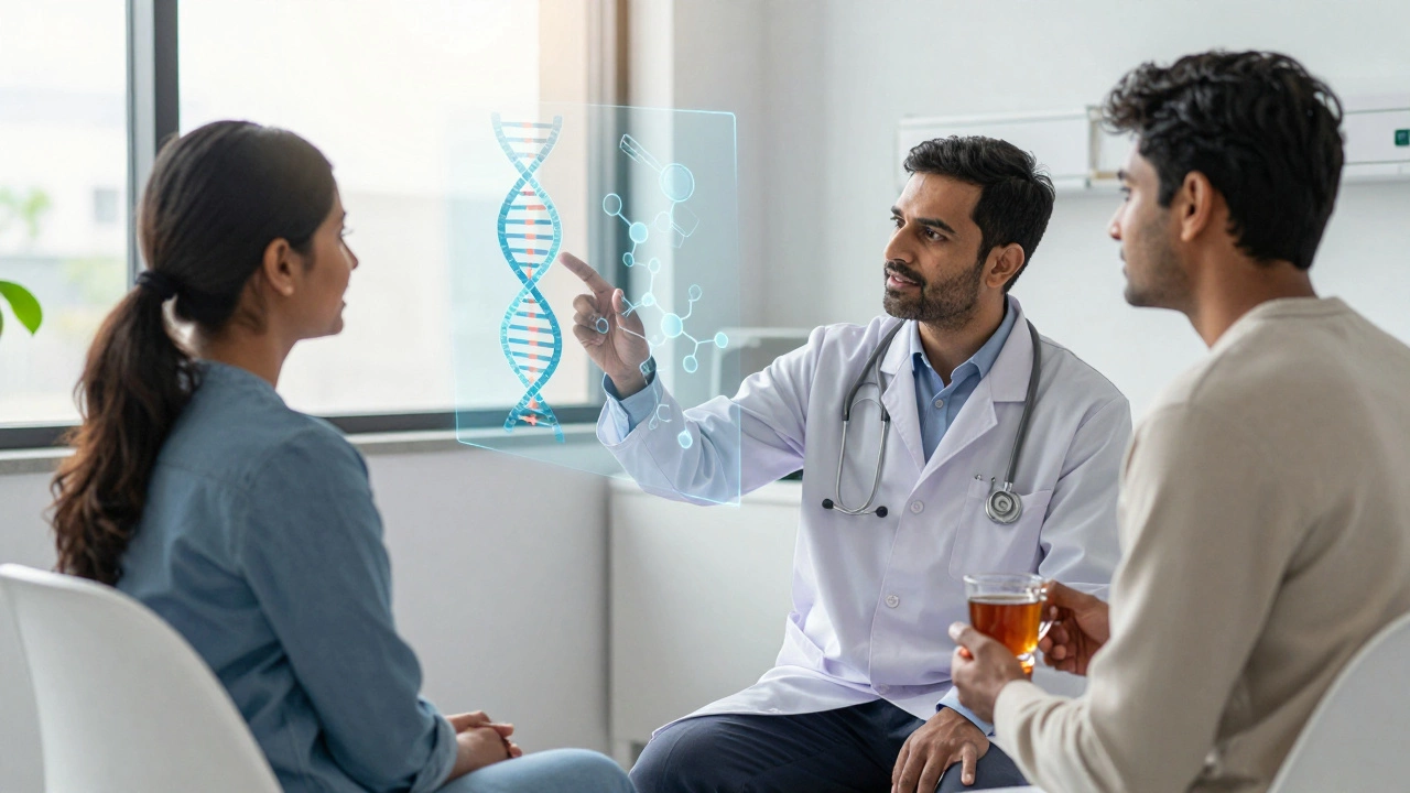 Doctor and patient discussing genetic treatment options with a holographic DNA display in a clinic.