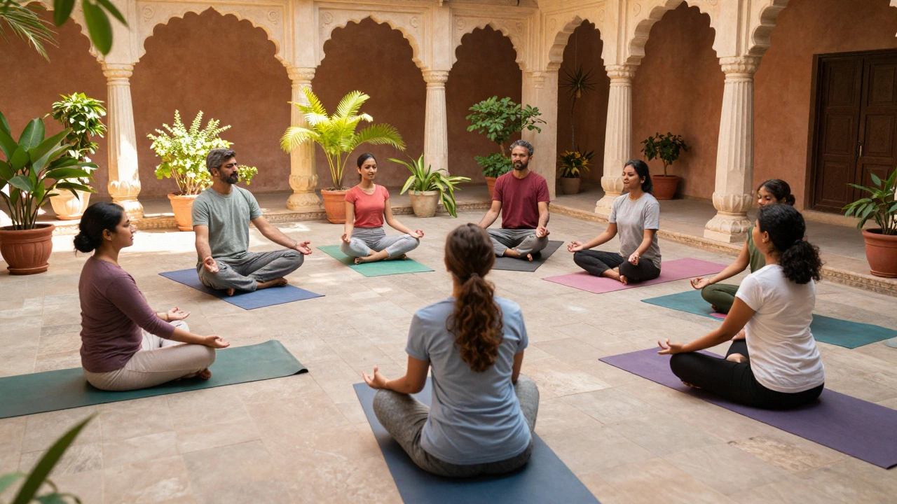 Group practicing yoga and mindfulness in a sunlit Indian courtyard for holistic healing.