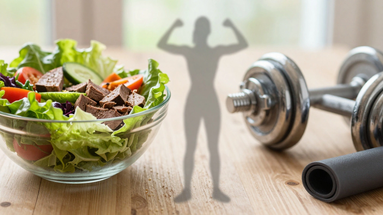 Healthy food and exercise equipment symbolizing lifestyle balance