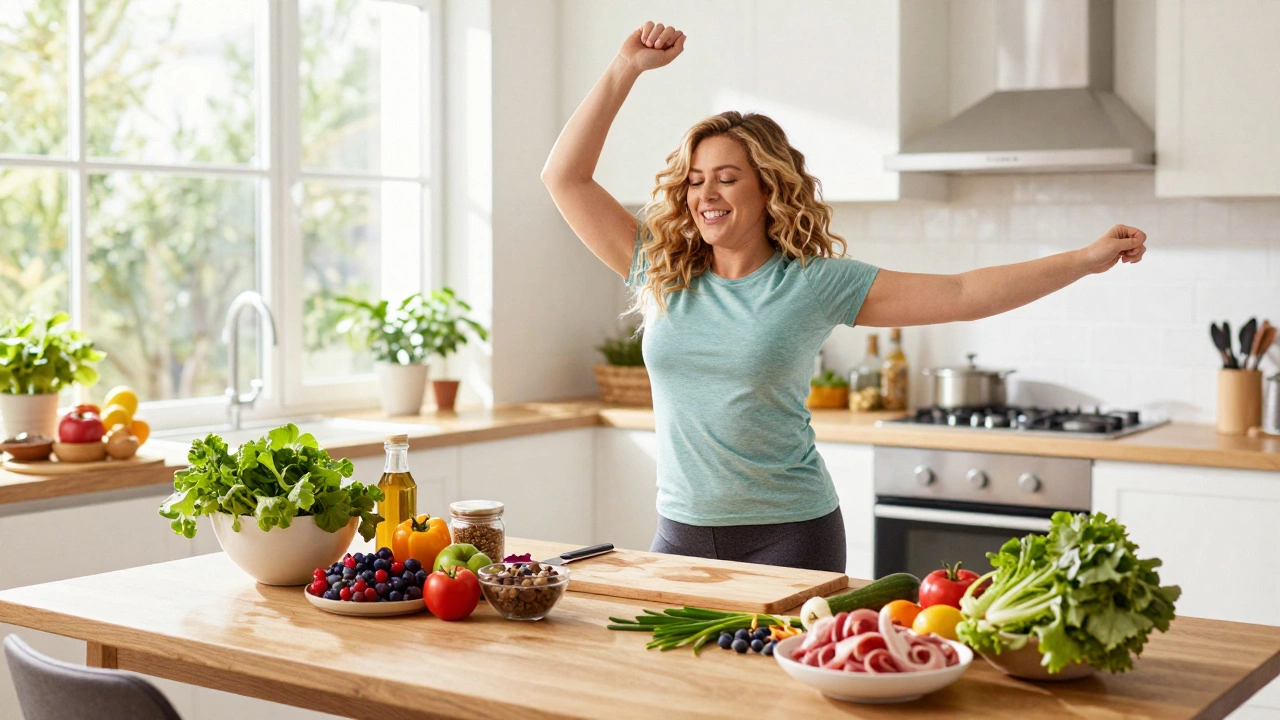 Joyful woman dancing near fresh healthy food, celebrating movement and nutrition.