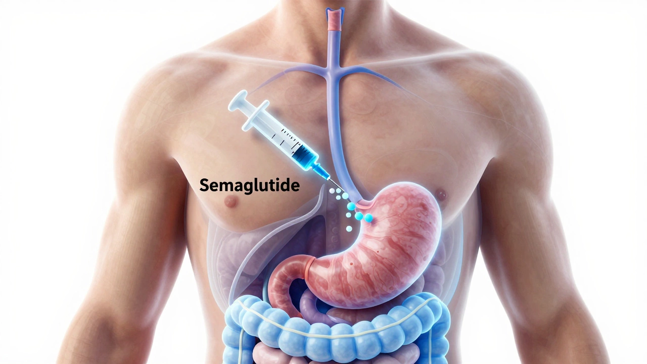 Medical diagram showing semaglutide affecting digestion