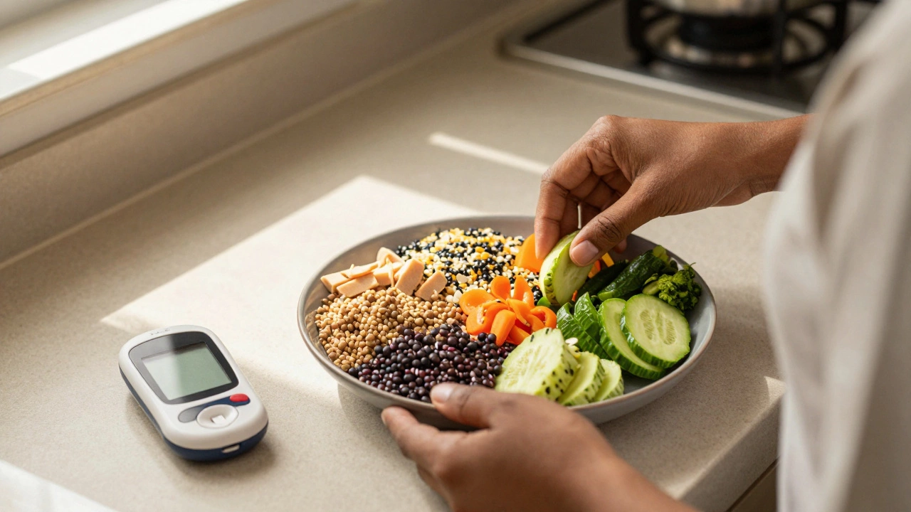 Person preparing healthy Indian meal with glucometer nearby