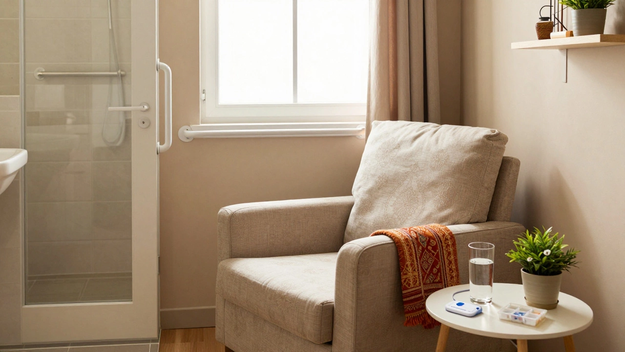 Safely modified home interior with grab bars and accessible essentials for recovery