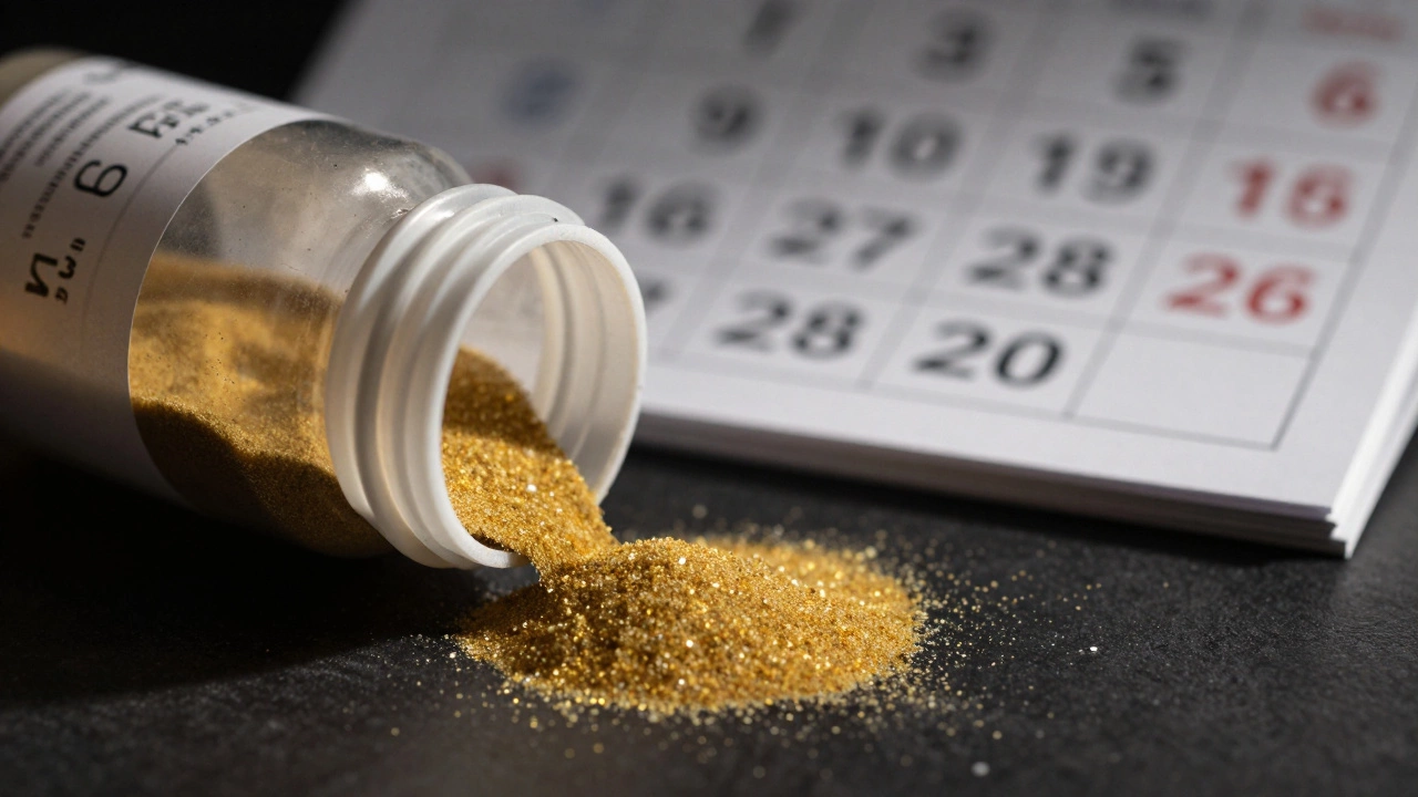 Spilled hourglass sand from a pill bottle symbolizing weight regain