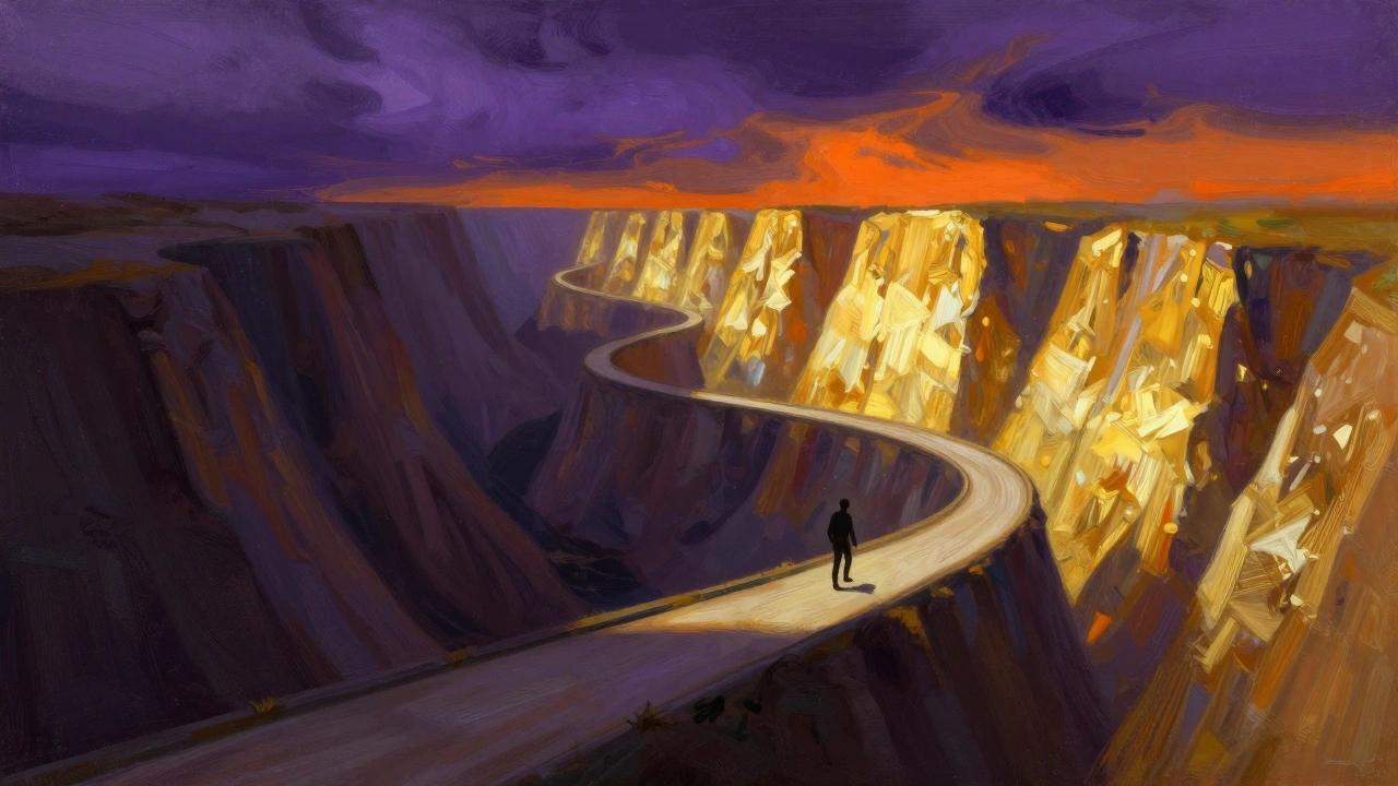 Surreal landscape with winding path swinging between dark valleys and bright peaks symbolizing mood swings