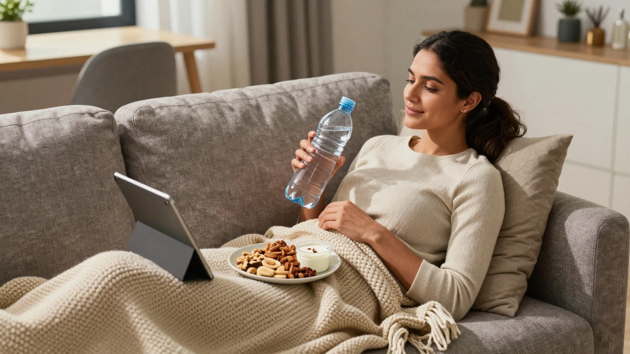 Woman resting with water and healthy snacks at home