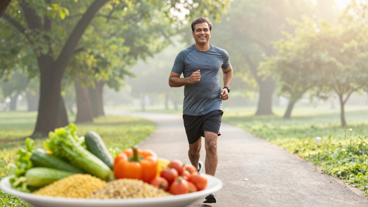 Active Indian man jogging with healthy food nearby, symbolizing lifestyle safety.