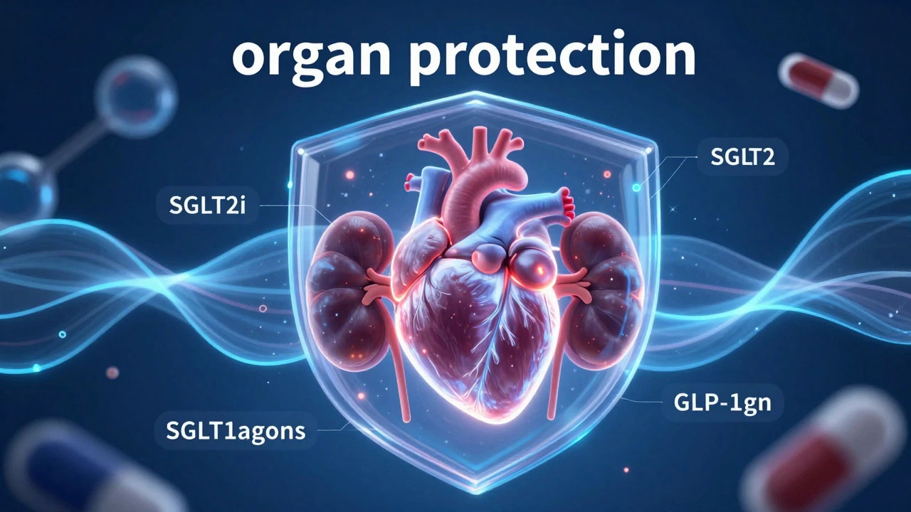 Conceptual art showing protected heart and kidneys by diabetes medications.