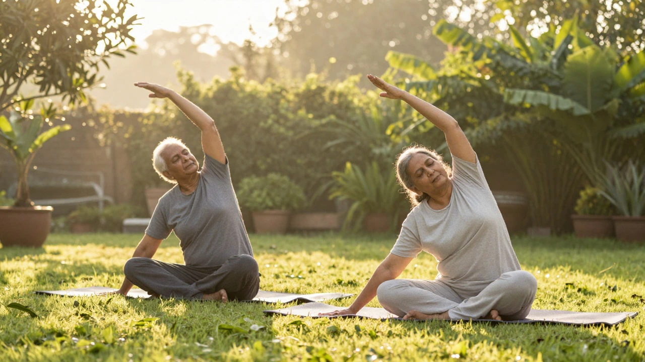 Couple doing gentle yoga in a garden at sunrise